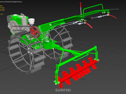 HAND WALKING TRACTOR ROTARY PUDDLER PUDDLING MUD RICE FARMING 3D Model