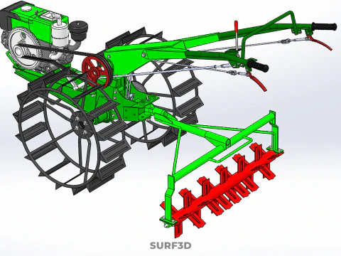 HAND WALKING TRACTOR ROTARY PUDDLER PUDDLING MUD RICE FARMING 3D Model