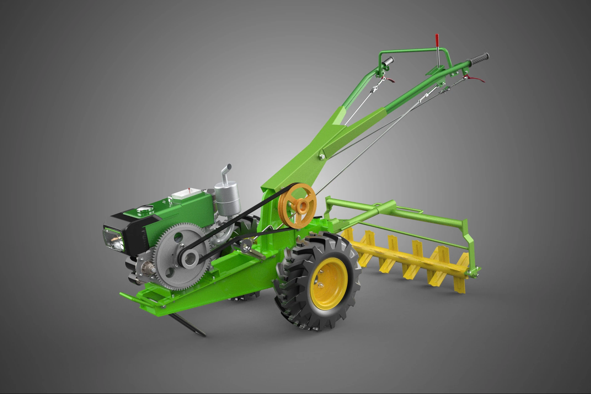 WALK BEHIND TRACTOR POWER TILLER HAND WALKING ROTARY ROTAVATOR 3D Model .c4d .max .obj .3ds .fbx .stl .blend