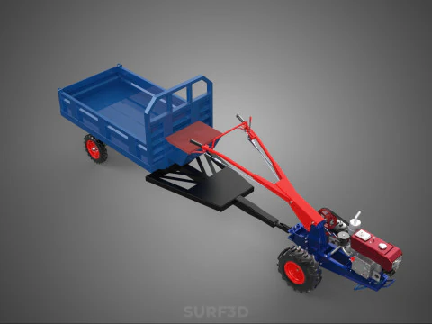 DIESEL HAND WALKING WALK BEHIND TRACTOR TRAILER CART CARGO WAGON 3D Model