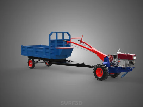 DIESEL HAND WALKING WALK BEHIND TRACTOR TRAILER CART CARGO WAGON 3D Model