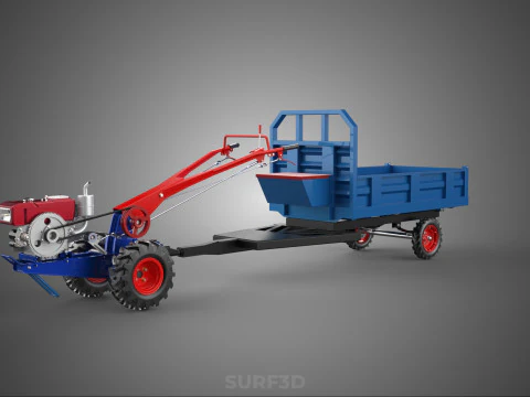 DIESEL HAND WALKING WALK BEHIND TRACTOR TRAILER CART CARGO WAGON 3D Model