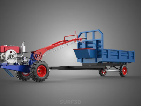 DIESEL HAND WALKING WALK BEHIND TRACTOR TRAILER CART CARGO WAGON 3D Model