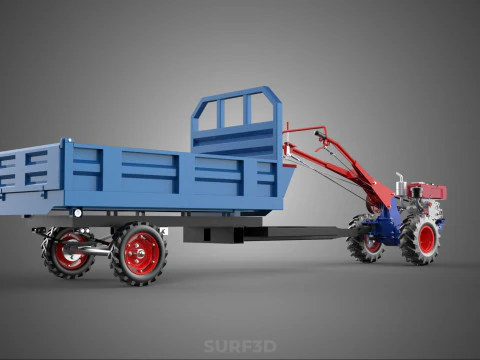 DIESEL HAND WALKING WALK BEHIND TRACTOR TRAILER CART CARGO WAGON 3D Model