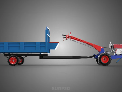 DIESEL HAND WALKING WALK BEHIND TRACTOR TRAILER CART CARGO WAGON 3D Model