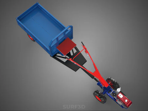 DIESEL HAND WALKING WALK BEHIND TRACTOR TRAILER CART CARGO WAGON 3D Model