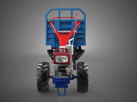 DIESEL HAND WALKING WALK BEHIND TRACTOR TRAILER CART CARGO WAGON 3D Model