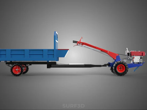 DIESEL HAND WALKING WALK BEHIND TRACTOR TRAILER CART CARGO WAGON 3D Model