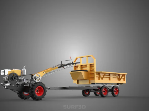 TANDEM AXLE TRAILER TRACTOR CART CARGO LOAD BED TROLLEY CAR DUMP 3D Model