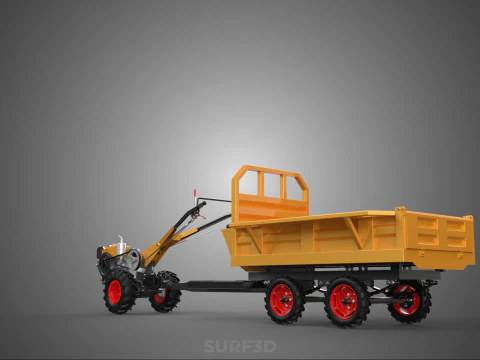 TANDEM AXLE TRAILER TRACTOR CART CARGO LOAD BED TROLLEY CAR DUMP 3D Model