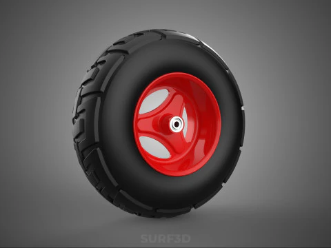 RED TRI THREE SPOKE 3 WHEEL TREAD TIRE RIM HUB CART BARROW TYRE 3D Model