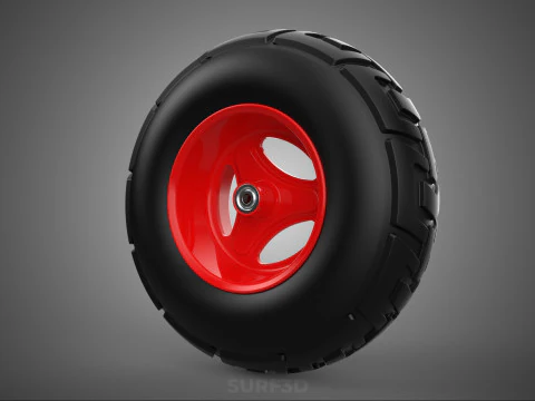 RED TRI THREE SPOKE 3 WHEEL TREAD TIRE RIM HUB CART BARROW TYRE 3D Model
