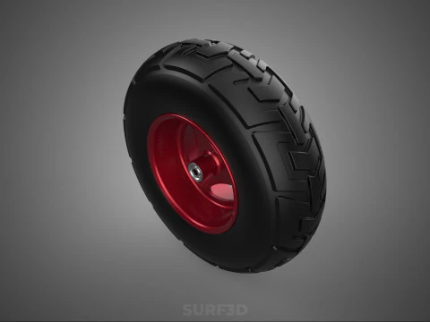 METALLIC RED THREE SPOKE TREAD TIRE RIM CART WHEELBARROW RUBBER 3D Model