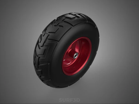 METALLIC RED THREE SPOKE TREAD TIRE RIM CART WHEELBARROW RUBBER 3D Model
