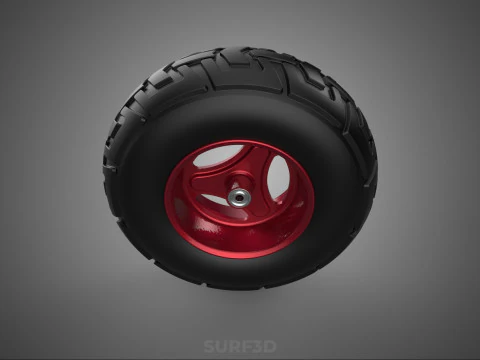 METALLIC RED THREE SPOKE TREAD TIRE RIM CART WHEELBARROW RUBBER 3D Model