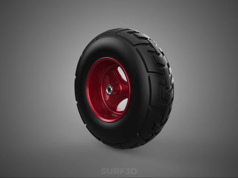 METALLIC RED THREE SPOKE TREAD TIRE RIM CART WHEELBARROW RUBBER 3D Model