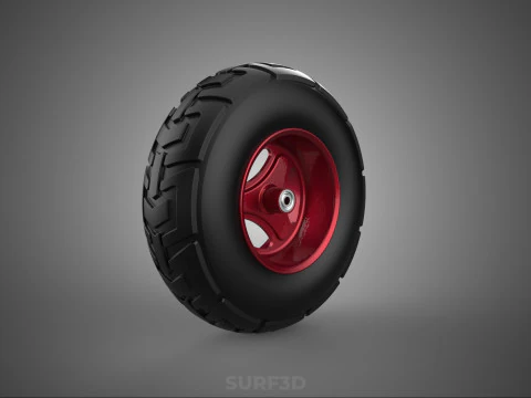 METALLIC RED THREE SPOKE TREAD TIRE RIM CART WHEELBARROW RUBBER 3D Model
