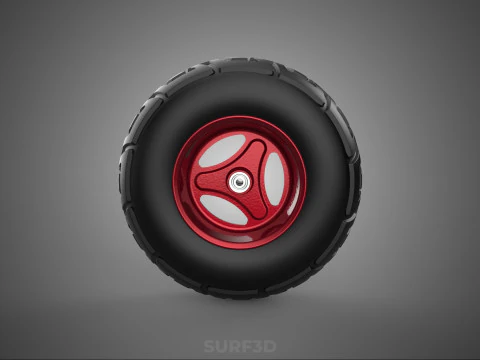 METALLIC RED THREE SPOKE TREAD TIRE RIM CART WHEELBARROW RUBBER 3D Model