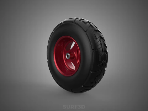 METALLIC RED THREE SPOKE TREAD TIRE RIM CART WHEELBARROW RUBBER 3D Model