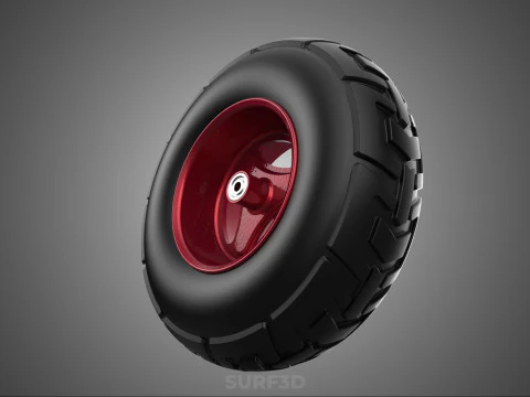 METALLIC RED THREE SPOKE TREAD TIRE RIM CART WHEELBARROW RUBBER 3D Model