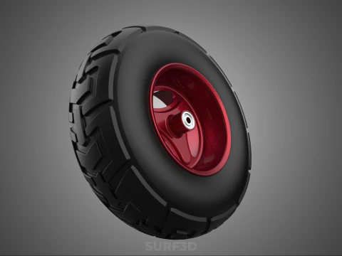 METALLIC RED THREE SPOKE TREAD TIRE RIM CART WHEELBARROW RUBBER 3D Model