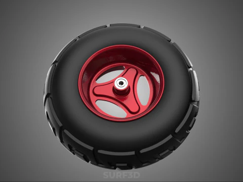 METALLIC RED THREE SPOKE TREAD TIRE RIM CART WHEELBARROW RUBBER 3D Model