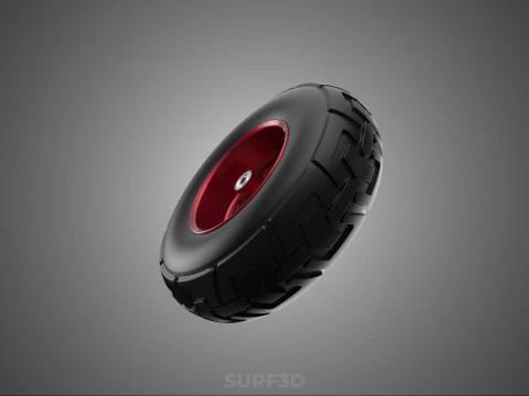 METALLIC RED THREE SPOKE TREAD TIRE RIM CART WHEELBARROW RUBBER 3D Model