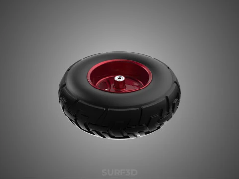 METALLIC RED THREE SPOKE TREAD TIRE RIM CART WHEELBARROW RUBBER 3D Model