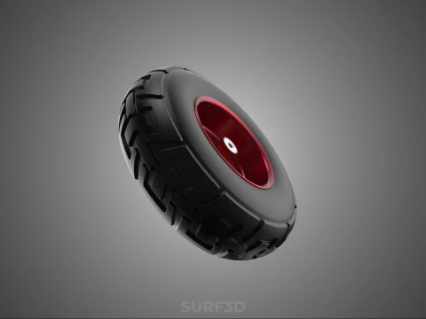 METALLIC RED THREE SPOKE TREAD TIRE RIM CART WHEELBARROW RUBBER 3D Model