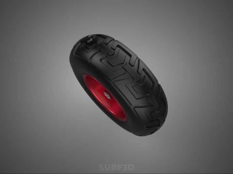 METALLIC RED THREE SPOKE TREAD TIRE RIM CART WHEELBARROW RUBBER 3D Model