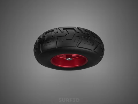 METALLIC RED THREE SPOKE TREAD TIRE RIM CART WHEELBARROW RUBBER 3D Model