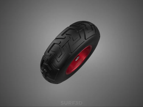 METALLIC RED THREE SPOKE TREAD TIRE RIM CART WHEELBARROW RUBBER 3D Model