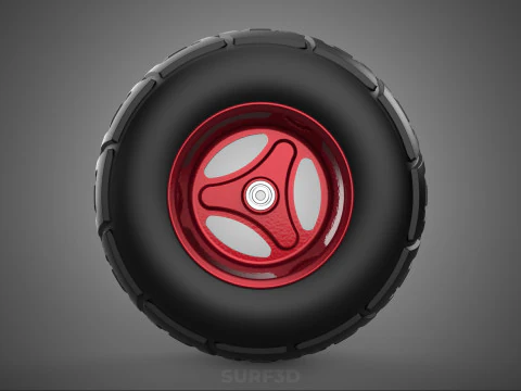METALLIC RED THREE SPOKE TREAD TIRE RIM CART WHEELBARROW RUBBER 3D Model
