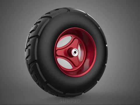 METALLIC RED THREE SPOKE TREAD TIRE RIM CART WHEELBARROW RUBBER 3D Model