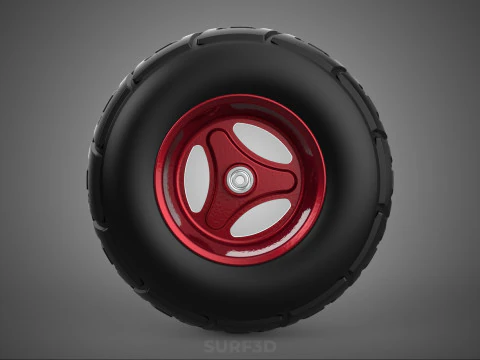 METALLIC RED THREE SPOKE TREAD TIRE RIM CART WHEELBARROW RUBBER 3D Model