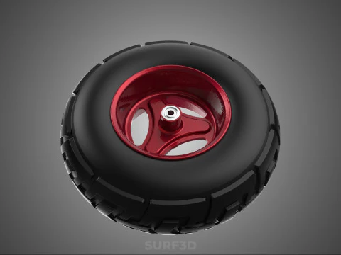 METALLIC RED THREE SPOKE TREAD TIRE RIM CART WHEELBARROW RUBBER 3D Model