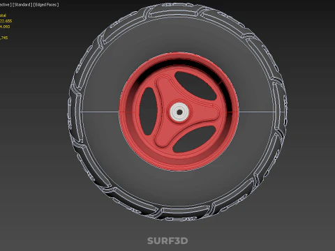 METALLIC RED THREE SPOKE TREAD TIRE RIM CART WHEELBARROW RUBBER 3D Model