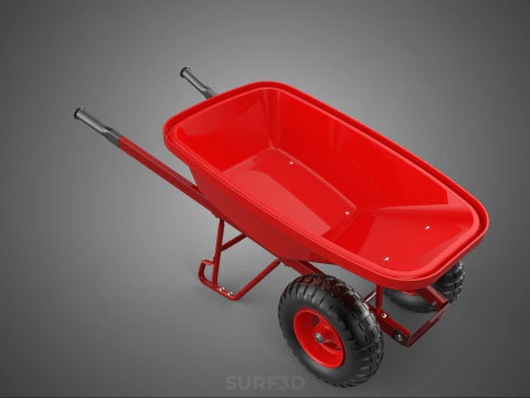 RED WHEELBARROW HAND MANUAL CART WHEEL TROLLEY WAGON TRAY PUSH 3D Model