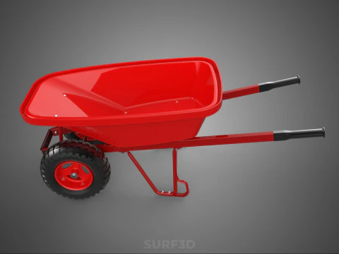 RED WHEELBARROW HAND MANUAL CART WHEEL TROLLEY WAGON TRAY PUSH 3D Model