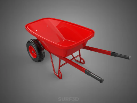 RED WHEELBARROW HAND MANUAL CART WHEEL TROLLEY WAGON TRAY PUSH 3D Model