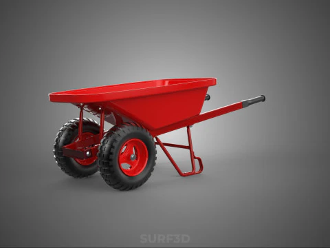 RED WHEELBARROW HAND MANUAL CART WHEEL TROLLEY WAGON TRAY PUSH 3D Model