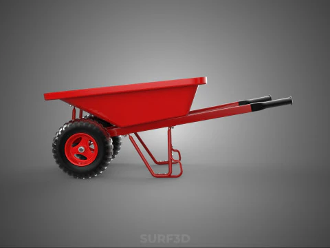 RED WHEELBARROW HAND MANUAL CART WHEEL TROLLEY WAGON TRAY PUSH 3D Model