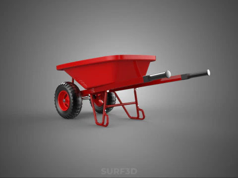 RED WHEELBARROW HAND MANUAL CART WHEEL TROLLEY WAGON TRAY PUSH 3D Model