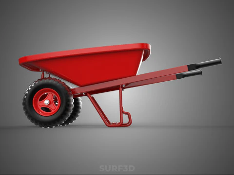 RED WHEELBARROW HAND MANUAL CART WHEEL TROLLEY WAGON TRAY PUSH 3D Model