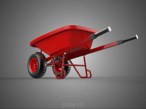 RED WHEELBARROW HAND MANUAL CART WHEEL TROLLEY WAGON TRAY PUSH 3D Model