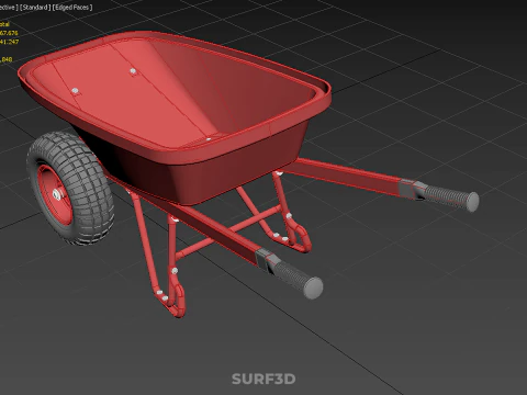 RED WHEELBARROW HAND MANUAL CART WHEEL TROLLEY WAGON TRAY PUSH 3D Model