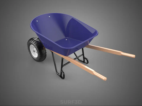 PURPLE BLUE BUCKET TRAY CART WOOD HANDLES TWO WHEEL WHEELBARROW 3D Model