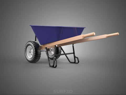 PURPLE BLUE BUCKET TRAY CART WOOD HANDLES TWO WHEEL WHEELBARROW 3D Model