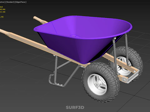 PURPLE BLUE BUCKET TRAY CART WOOD HANDLES TWO WHEEL WHEELBARROW 3D Model