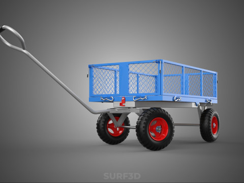 STEEL GARDEN UTILITY WAGON CART YARD LAWN TROLLEY HAND PALLET 4W 3D Model